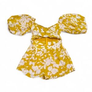 Luxxel - Yellow Floral Puff Sleeve, Tie-Front Lined Romper